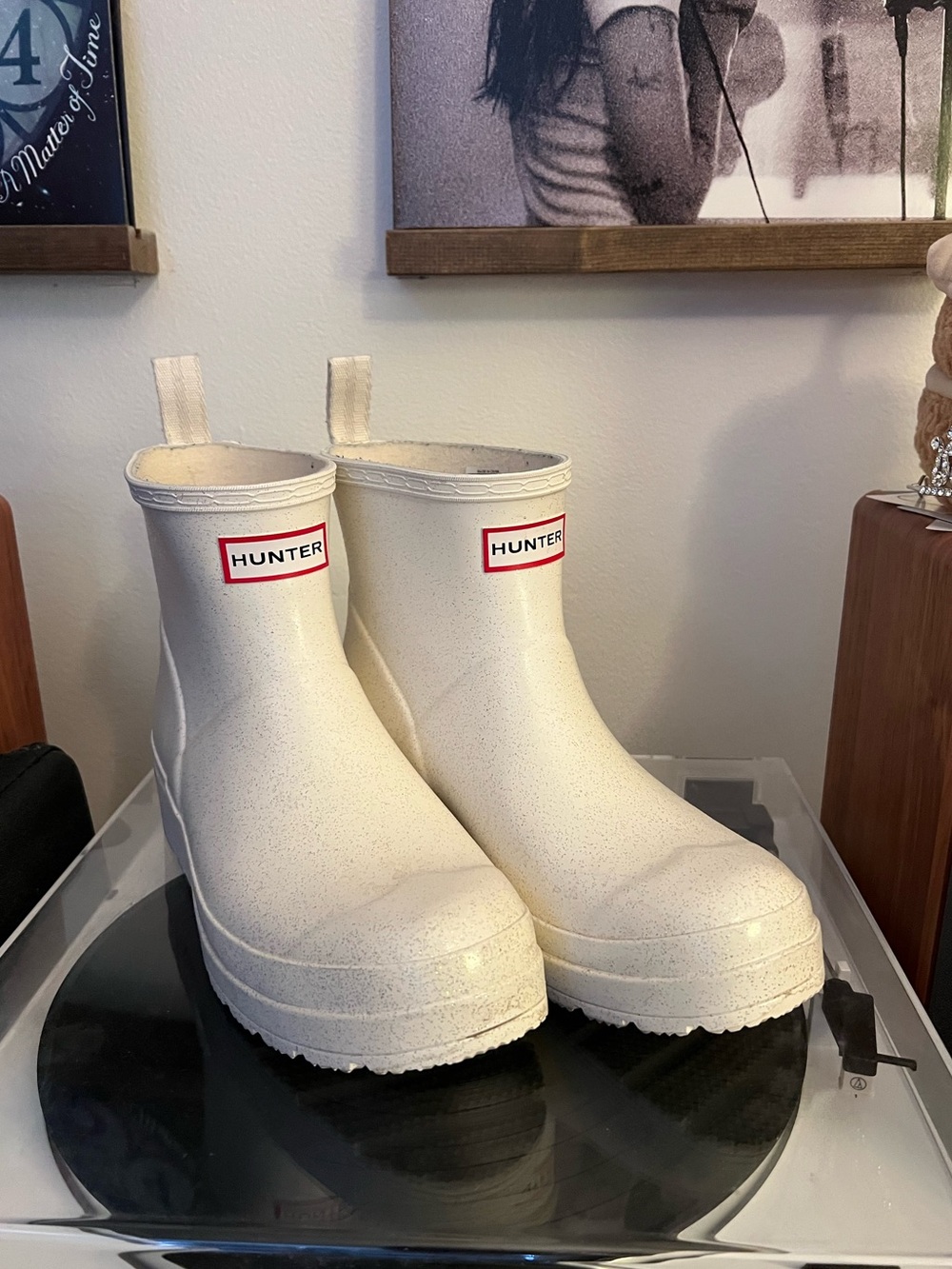 Hunter Short Glitter Rain Boots in Off-White Speckled